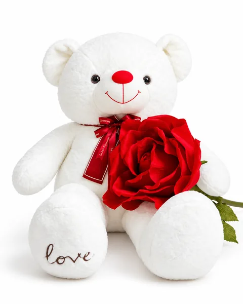 A white teddy bear holding a red rose, tied with a red ribbon