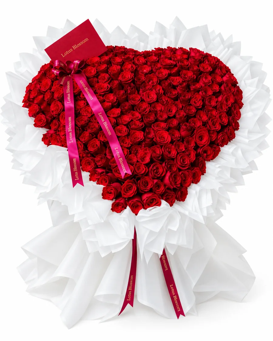 An abundant heart of red roses wrapped in white with scarlet ribbons