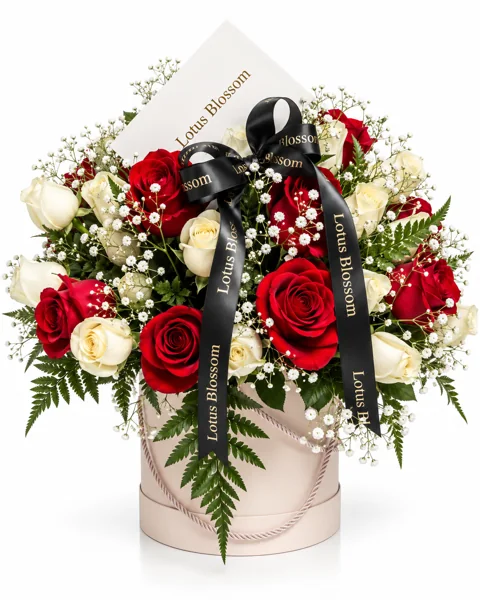 Red and ivory roses with fern foliage in a blush hatbox